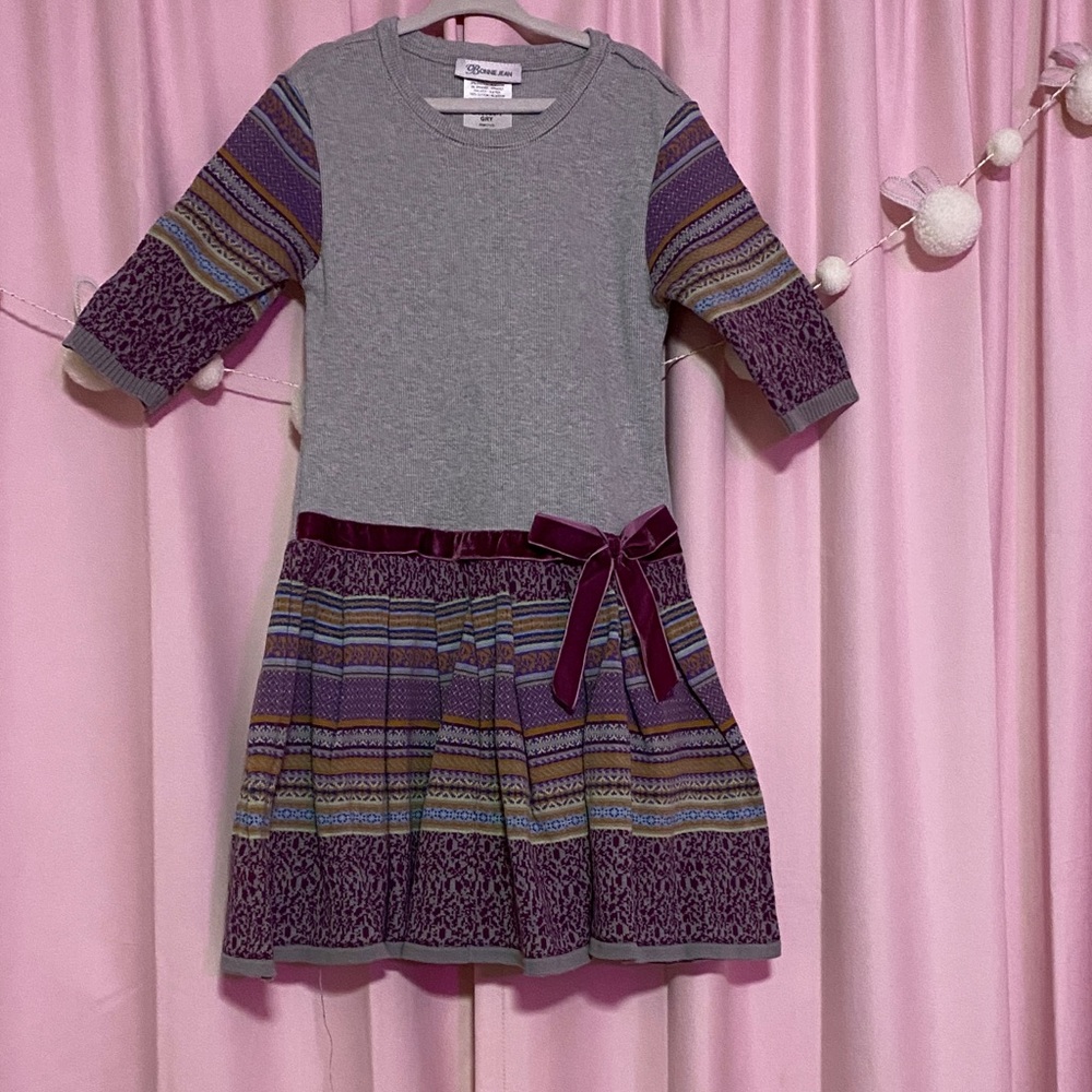 Bonnie Jean Gray and Purple Striped Sweater Kids Dress